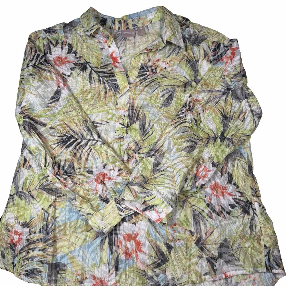 Chicos Blouse Women's Size 3 (XL) Multicolor Long Sleeve V Neck Roll Tab Floral
